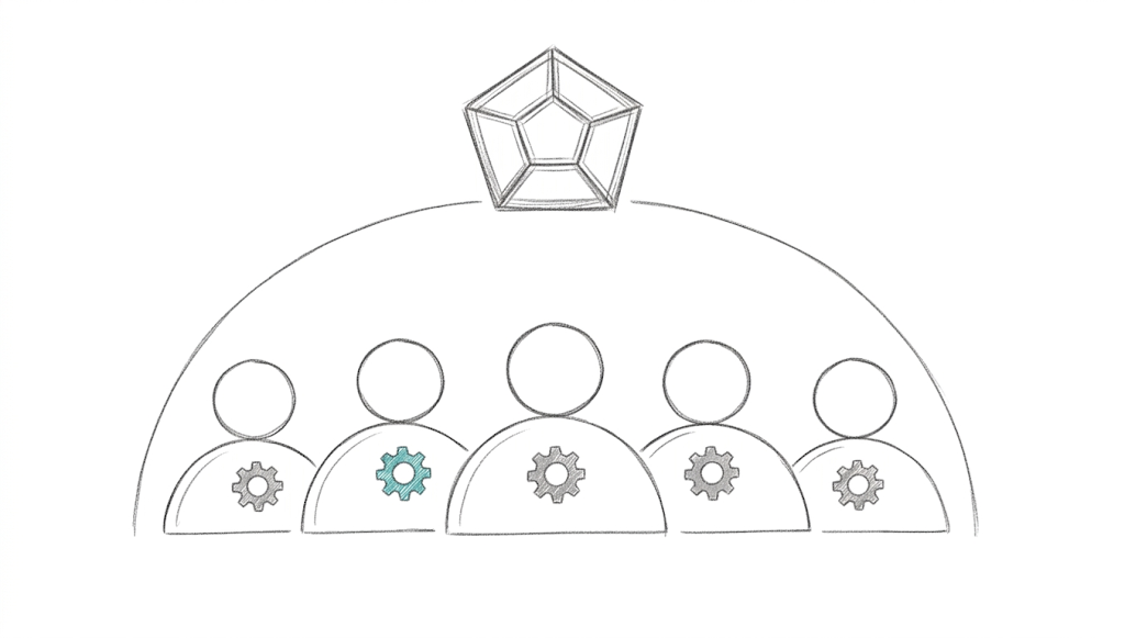 Diagramm eines Teams, in dem ein Mitglied einen neuen teal-farbenen Impuls trägt.