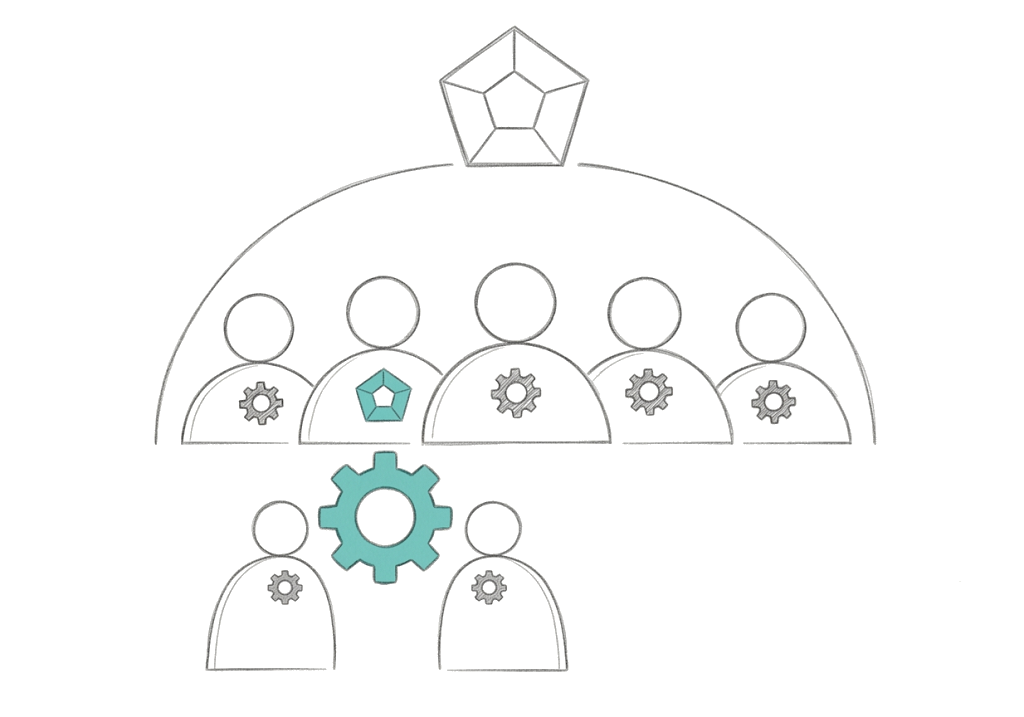 Diagramm der Überlastung: Das ursprüngliche Team oben, ein grösseres teal-farbenes Zahnrad in der Mitte, darunter zwei neue Personen.